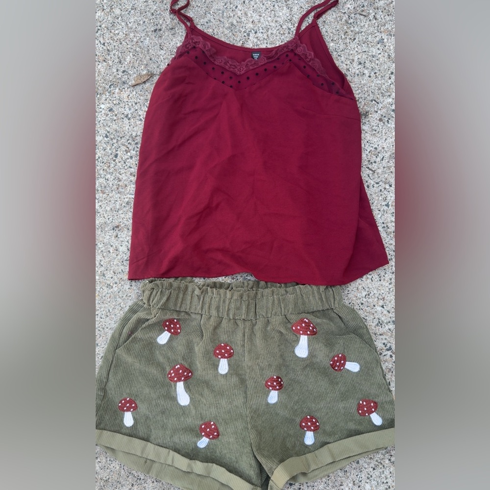 SHEIN Mushroom Embroidered Corduroy Shorts Outfit